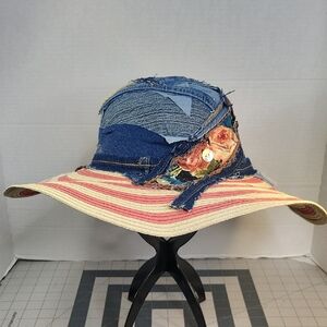 Handmade Boho Patchwork Denim Straw Sun Hat Festival Beach Hat